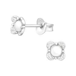 Bungsa Ohrstecker für Damen kleine Blüte mit Perle aus .925 Sterling Silber von Bungsa
