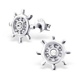 Bungsa Steuerrad Ohrstecker .925 STERLING SILVER Boot Yacht Anker (Ohrringe Echtschmuck Studs Ohrschmuck Damen Frauen Herren) von Bungsa