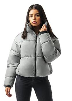 Buroc's Damen Cropped Fit Pufferjacke mit breitem Stehkragen Modern Frauen Winterjacke Kurz Geschnitten Wattierte Steppjacke Jacke Winter Puffer Jacket, Größe:L, Farbe:Grau von Buroc's