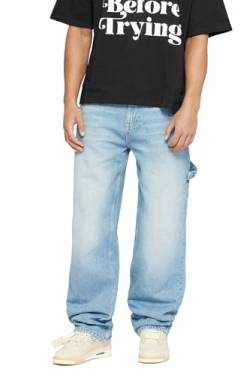 Herren Baggy Fit Jeans mit Knopfleiste Jeanshose Streetwear Loose Denim Pants Hose mit weitem Bein Lässig Männer Straight Leg, Farbe:Mid Blue, Hosengröße:W32 L32 von Burocs