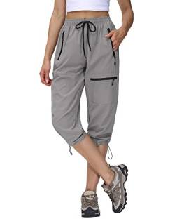 Butrends Damen Wanderhose Sommer Leichter Jogger Caprihose Atmungsaktive Outdoorhose 3/4 Cargohose Schnell Trocknend Trekkinghose mit Reißverschlusstaschen Hellgrau, L von Butrends