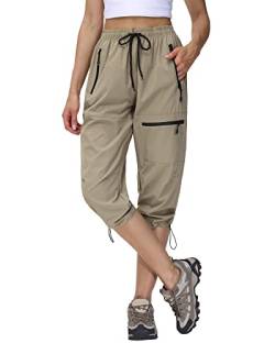 Butrends Damen Wanderhose Sommer Leichter Jogger Caprihose Atmungsaktive Outdoorhose 3/4 Cargohose Schnell Trocknend Trekkinghose mit Reißverschlusstaschen Khaki, S von Butrends