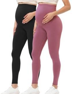 Buttergene Damen Schwangerschafts-Leggings über dem Bauch Schwangerschaft Aktivkleidung Workout Yoga Strumpfhose, 2 Stück, Schwarz/Dunkelrosa, X-Groß von Buttergene