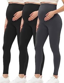 Buttergene Damen Schwangerschaftsleggings über dem Bauch Umstands-Yogahose Workout Schwangerschaft Leggings, 3er-Pack schwarz/schwarz/dunkelgrau, Klein von Buttergene