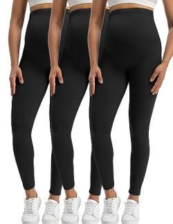 Buttergene Damen Umstands-Leggings über dem Bauch Schwangerschaft Aktivkleidung Workout Yoga Strumpfhose Hose, 3 x Schwarz, Klein von Buttergene