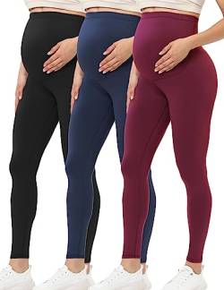 Buttergene Damen Umstandsleggings über dem Bauch Mutterschaft Yoga Hosen Workout Schwangerschaft Leggings, 3er-Pack Tinte Schwarz/Marineblau/Weinrot, Groß von Buttergene