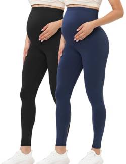 Buttergene Damen Umstandsleggings über dem Bauch Schwangerschaft Active Wear Workout Yoga Strumpfhosen Hosen, 2 Stück, Schwarz/Marineblau., M von Buttergene