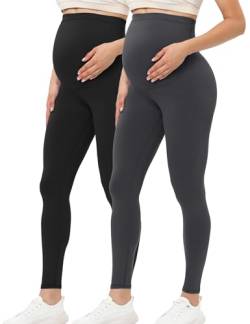 Buttergene Damen Umstandsleggings über dem Bauch Schwangerschaft Active Wear Workout Yoga Strumpfhosen Hosen, 2er-Pack, Schwarz/Dunkelgrau, Groß von Buttergene