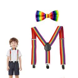 Butyeak Hosenträger Fliegen Set, Kinder Y Einstellbar Hosenträger, HosenträGer Kinder, Fliegen Set Für Kinder, Kinder Hosenträger Y Back, Verstellbare Fliege und Hosenträger im Set, Regenbogenfarben von Butyeak