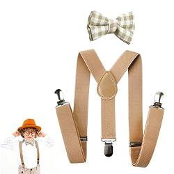 Butyeak Kinder Hosenträger Fliege Sets, Hosenträger Fliegen Set, Y-Form Einstellbar Hosenträger, Verstellbare Fliege und Hosenträger im Set für Jungen und Mädchen, Beige, Drucken von Butyeak