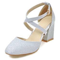 Bviennic Bride Closed Toe Hochzeit Sandalen Blockabsatz Knöchelriemchen Square Toe Schuhe Elegant Party Sequins Heel Silber Gr 39 Eu-40Cn von Bviennic