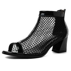 Bviennic Daherren Mode Peep Toe Mesh Stiefeletten Sommer Block Mitte Absatz Hochzeit Atmungsaktiv Reißverschluss Hollow Out Sandalen Schuhe Schwarz Gr 46 EU-48Cn von Bviennic