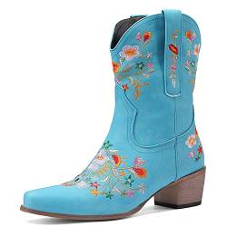 Bviennic Daherren Pointed Toe Vintage Halbschaft Embroiderot Boots Winter Draußen Walking Blockabsatz Ohne Verschluss Cowboy Stiefeletten Blau Gr 41 EU-43Cn von Bviennic