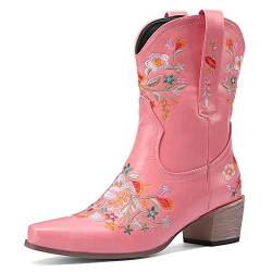 Bviennic Daherren Pointed Toe Vintage Halbschaft Embroiderot Boots Winter Draußen Walking Blockabsatz Ohne Verschluss Cowboy Stiefeletten Pink Gr 40 EU-41Cn von Bviennic