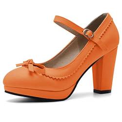 Bviennic Damen Closed Toe Chunky Heel Mary Jane Pumps Knöchelriemchen Plateau Runde Zehen Bride Elegant Hochzeit Schuhe Bows Orange Gr 40 Eu-41Cn von Bviennic