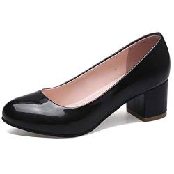 Bviennic Damen Closed Toe Lack Ohne Verschluss Block Mitte Absatz Pumps Buro Arbeit Komfort Party Runde Zehen Mode Kleid Schuhe Hochzeit Schwarz Gr 50 Eu-52Cn von Bviennic