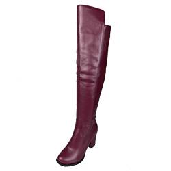 Bviennic Damen Herren Blockabsatz Stylish Overknees Reitstiefel Winter Warm Abend Höhe Ferse Party Kleid Reißverschluss Boots Mode Rotwein Gr 39 EU-40Cn von Bviennic