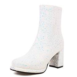 Bviennic Damen Hochzeit Blockabsatz Chelsea Stiefel Sequins Warm Kleid Schuhe Elegant Party Plateau Ankle Stiefeletten Mode Weiß Gr 40 EU-41Cn von Bviennic