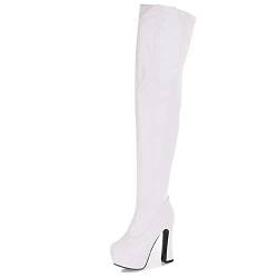 Bviennic Damen Lack Höhe Ferse Plateau Oberschenkel Herren Boots Reißverschluss Stylish Blockabsatz Winter Thigh Nightclub Prom Boots Weiß Gr 50 EU-52Cn von Bviennic