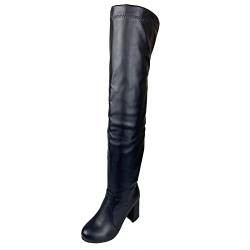 Bviennic Damen Oberschenkel Mode Stretch Stiefel Runde Zehen Herren Party Blockabsatz Thigh Winter Warm Kleid Boots Schwarz-P Gr 51 EU-53Cn von Bviennic