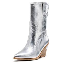 Bviennic Damen Ohne Verschluss Mode Halbschaft Cowboystiefel Keilabsatz Pointed Toe Warm Western Schneestiefel Chunky Heel Silber/D Gr 43 EU-45Cn von Bviennic