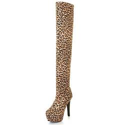 Bviennic Damen Ohne Verschluss Mode Overknees Stiletto Leopard Boots Nightclub Herren Höhe Ferse Kleid Stylish Stretch Party Boots Gelb Gr 48 EU-50Cn von Bviennic