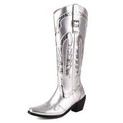 Bviennic Damen Pointed Toe Knee Cowboystiefel Ohne Verschluss Klassischer Winter Blockabsatz Mode Embroiderot Westernstiefel Silber Gr 42 EU-44Cn von Bviennic