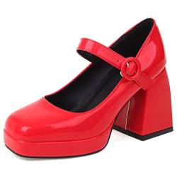 Bviennic Damen Square Toe Mode Chunky Heel Plateau Mary Jane Schuhe Prom Party Höhe Ferse Knöchelriemchen Pumps Weit Fit Bride Schuhe Rot Gr 43 Eu-45Cn von Bviennic