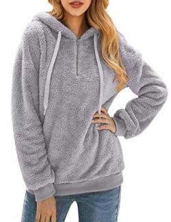 Bwiv Sweatshirt Damen Winter Warm Weich Hoodie Mädchen Pullover Mit Kapuze Seitentasche Flauschig Teddy Fleece Winterpullover Sweater Langarm Kapuzenpullover Oversize, Licht Grau, S von Bwiv