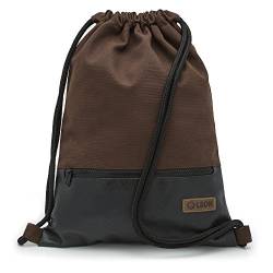 By Bers LEON Turnbeutel, große Reißverschluss Außentasche, mit Innentaschen Rucksack Tasche Damen Herren & Teenager Gym Bag Draw String (Braun_Schwarz_PU) von By Bers