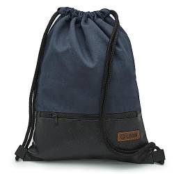 By Bers LEON Turnbeutel, große Reißverschluss Außentasche, mit Innentaschen Rucksack Tasche Damen Herren & Teenager Gym Bag Draw String (Dkl.Blau_Schwarz_PU) von By Bers