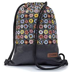 By Bers LEON Turnbeutel mit Innentaschen Rucksack Tasche Damen Herren & Teenager Gym Bag Draw String (BuntBlumeSchwarzPU) von By Bers