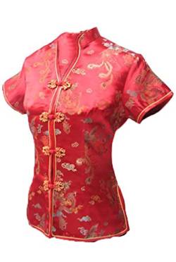 Byblos Seidensatin-Bluse mit V-Ausschnitt für Damen, traditionelles chinesisches Cheongsam-Hemd mit Blumendruck Red S von Byblos
