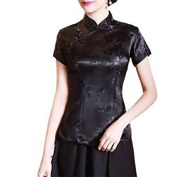 Damen traditionelle chinesische Blumenbluse Kurzarm Qipao Bluse Sommer Kurzarm Tops Black Flower L von Byblos