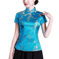 Damen traditionelle chinesische Blumenbluse Kurzarm Qipao Bluse Sommer Kurzarm Tops Blue Dragon L von Byblos