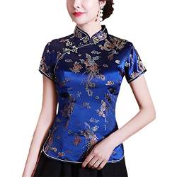 Damen traditionelle chinesische Blumenbluse Kurzarm Qipao Bluse Sommer Kurzarm Tops Navy Blue Dragon L von Byblos