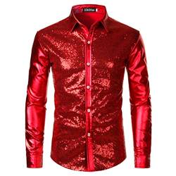 Männer Silber Metallic Pailletten Hemd Männliche Mode Bühne Performance Hemd Slim Fit Party Shirt Red S von Byblos