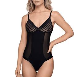 Bye Bra Powermesh-Bodysuit, Hohe Kontrolle, Knopfverschluss, Baumwollschritt, Doppellagiges Frontpanel, Leicht, Shapewear Für Frauen, Powermesh-Shapewear, Beige/Schwarz/Hellbraun, S-Xxl (S, Schwarz) von Bye Bra