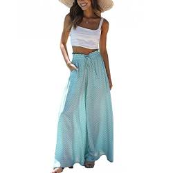 Bylphy Damen Boho Sommer Hose Blumen Weites Bein Sommerhose High Waist Elastische Taille Strandhose mit Taschen und Kordelzug, für Strand, Yoga, Ausflüge (M, Blau) von Bylphy