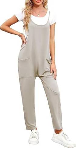 Byoauo Frauen Jumpsuit Lange Hosen Strampler mit Taschen Ärmelloser Strap Stück Strampler Grau-XXL von Byoauo