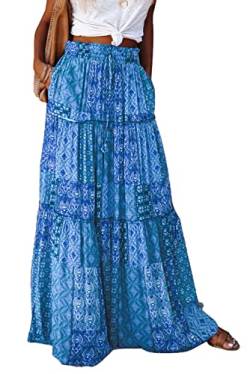 Byoauo Maxi Skirts for Women Hohe Taille mit Taschen Gürtel Falten Plissee Freizeit Boho Blumen Midirock Strandrock von Byoauo