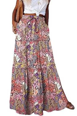 Byoauo Rock Damen Lang Boho Blumen Hohe Elastische Taille mit Taschen und Gürtel Maxi Skirt Faltenrock Strandrock Freizeitrock von Byoauo