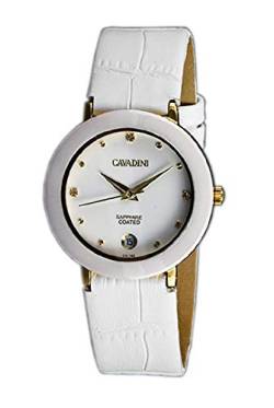 C CAVADINI Damen-Armbanduhr Analog Quarz mit Lederarmband CV-745 (Weiss/Gold) von C CAVADINI