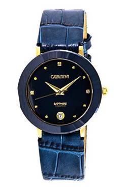 C CAVADINI Damen-Armbanduhr Analog Quarz mit Lederarmband CV-745 (blau/Gold) von C CAVADINI