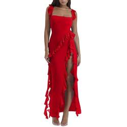 C'est TT Damen Kleid V Ausschnitt Ärmellos High Low Wickelkleid Rüschensaum Lange Freizeitkleider Sommer Strand Maxi Dress von C'est TT