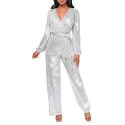 Damen Pailletten Jumpsuit Einteiler Lang Overall Hosenanzug Hohe Taille Romper Fasching Kostüm Damen Jumpsuit V-Ausschnitt Langarm Elegant Bodysuit mit Gürtel Pailletten Playsuit Karneval Kostüm von C'est TT