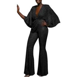 Damen Pailletten Jumpsuit Einteiler Lang Overall Hosenanzug Hohe Taille Romper Fasching Kostüm Damen Jumpsuit V-Ausschnitt Langarm Elegant Bodysuit mit Gürtel Pailletten Playsuit Karneval Kostüm von C'est TT