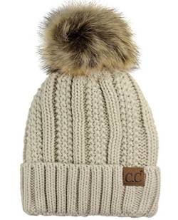 C.C Damen thick cable knit faux fuzzy-pelz-pom mit fleece-futter-schädel-kappe cuff beanie einheitsgröße elfenbein von C.C