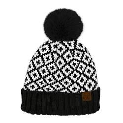 C.C Diamantmuster Pelz Pom Beanie für Frauen Unisex - Acryl Dehnbar Weich Warm mit Kunstfell Pom Knit Winter Skully Hut, Schwarz, Einheitsgröße von C.C