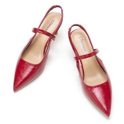 C.Paravano Damen Slingback-Pumps | Leder-Kitten-Heels | Bequeme Slingback-Pumps | Spitze Pumps für Damen | Hochzeitskleid-Pumps-Schuhe(41,Rot) von C.Paravano